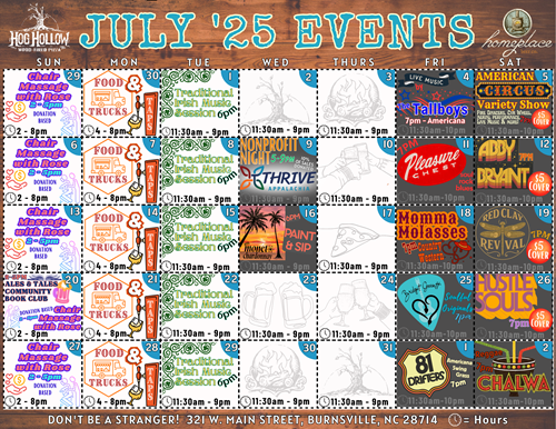 July 2025 calendar listing music and community events on applicable dates.
