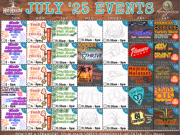 July 2025 calendar listing music and community events on applicable dates.