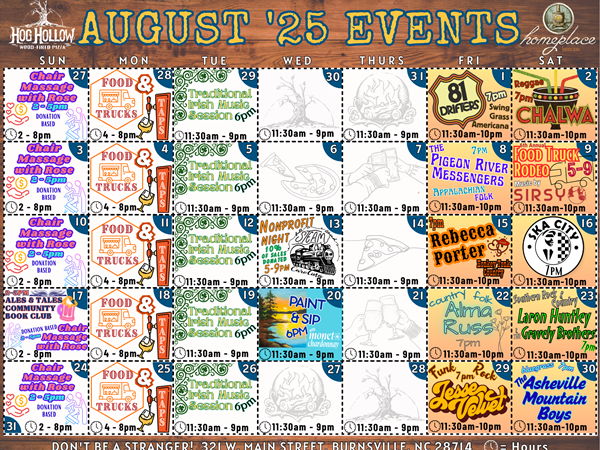 Music and event listings for August